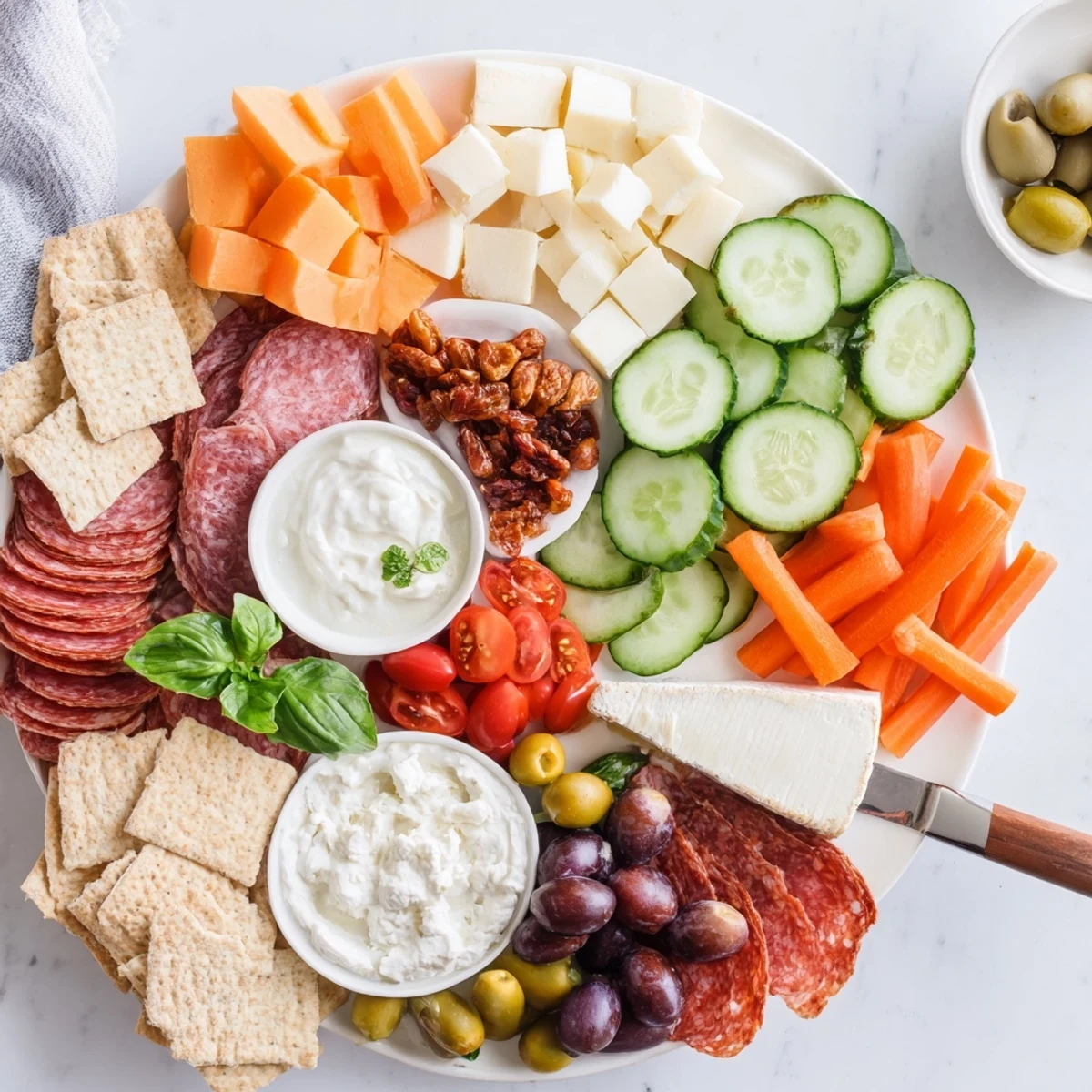 A vibrant Girl Dinner Platter filled with colorful snacks, cheeses, and fresh fruits.  