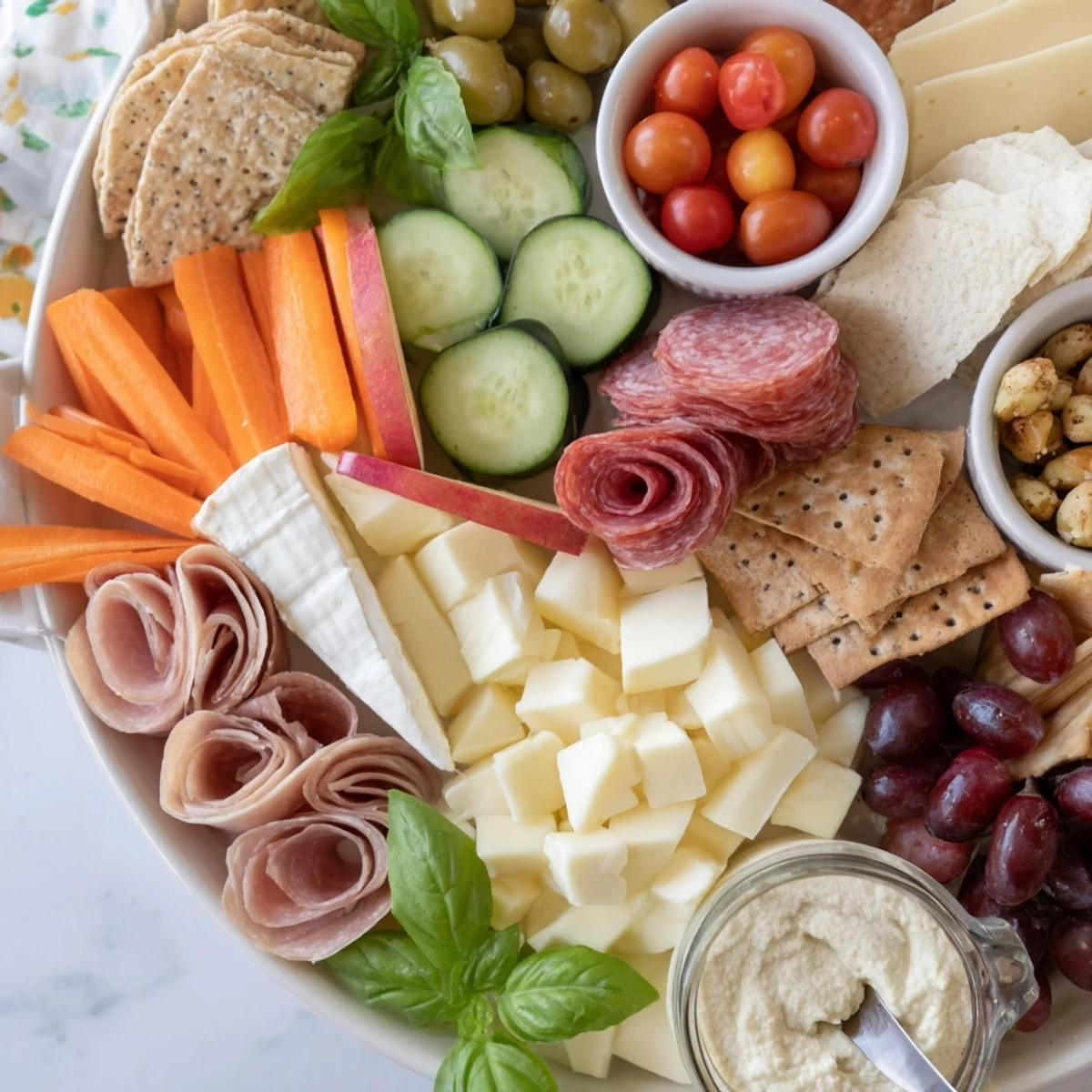 Delicious cheeses and dips create an inviting Girl Dinner Platter for casual gatherings.  