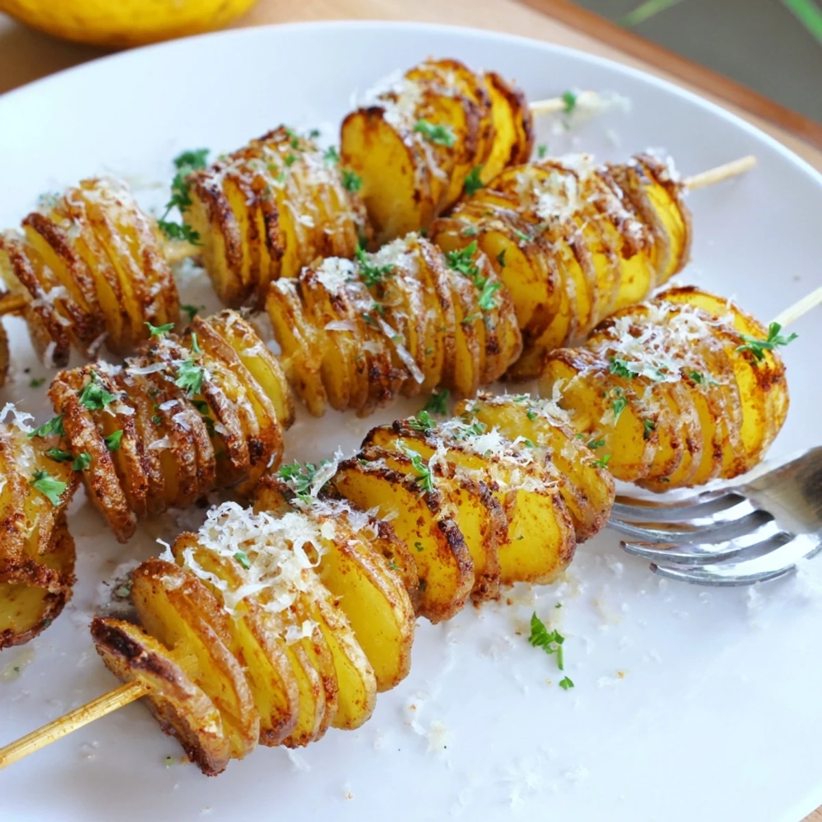 Golden spiral Air-Fryer Tornado Potatoes on skewers, perfect for dipping and sharing.