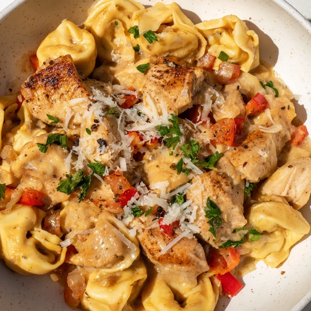 A vibrant plate of Zesty Cajun Garlic Parmesan Chicken Tortellini, bursting with flavor and color.