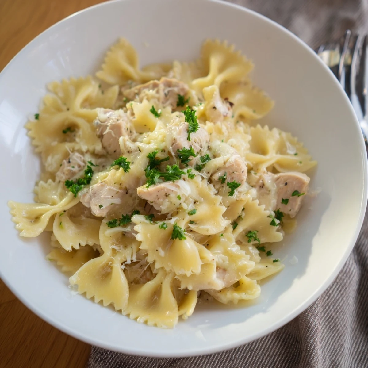 Tender, golden chicken nestled in bowtie pasta with rich garlic butter sauce.  