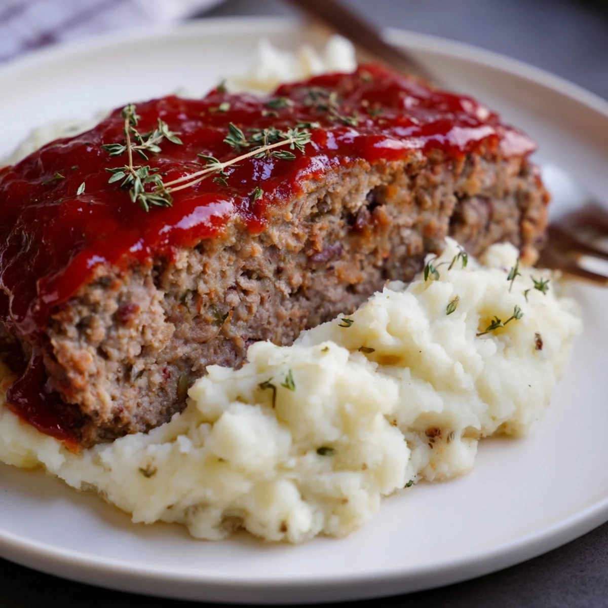 Classic Meatloaf topped with sweet glaze, served alongside buttery mashed potatoes.  
