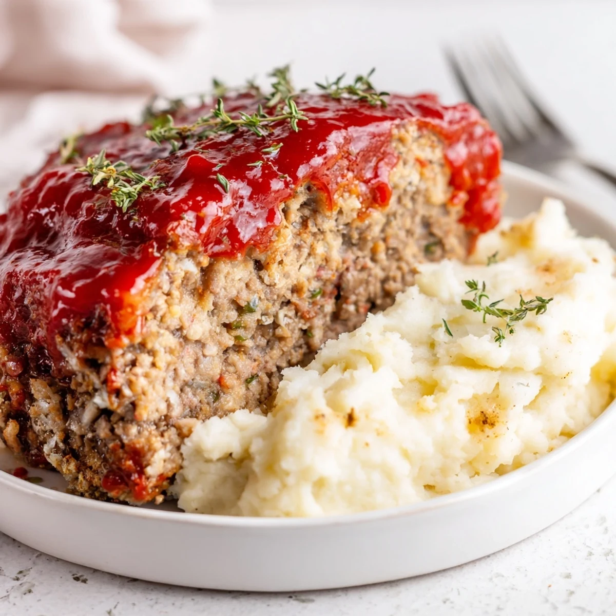Tender, juicy Classic Meatloaf with a tangy glaze and creamy potato side.  