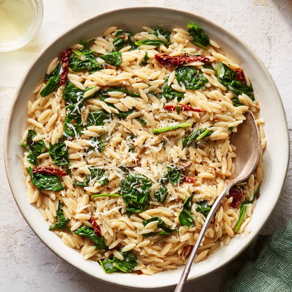 Delicious Creamy Tuscan Orzo Bowl, rich with garlic Parmesan sauce and vibrant greens.