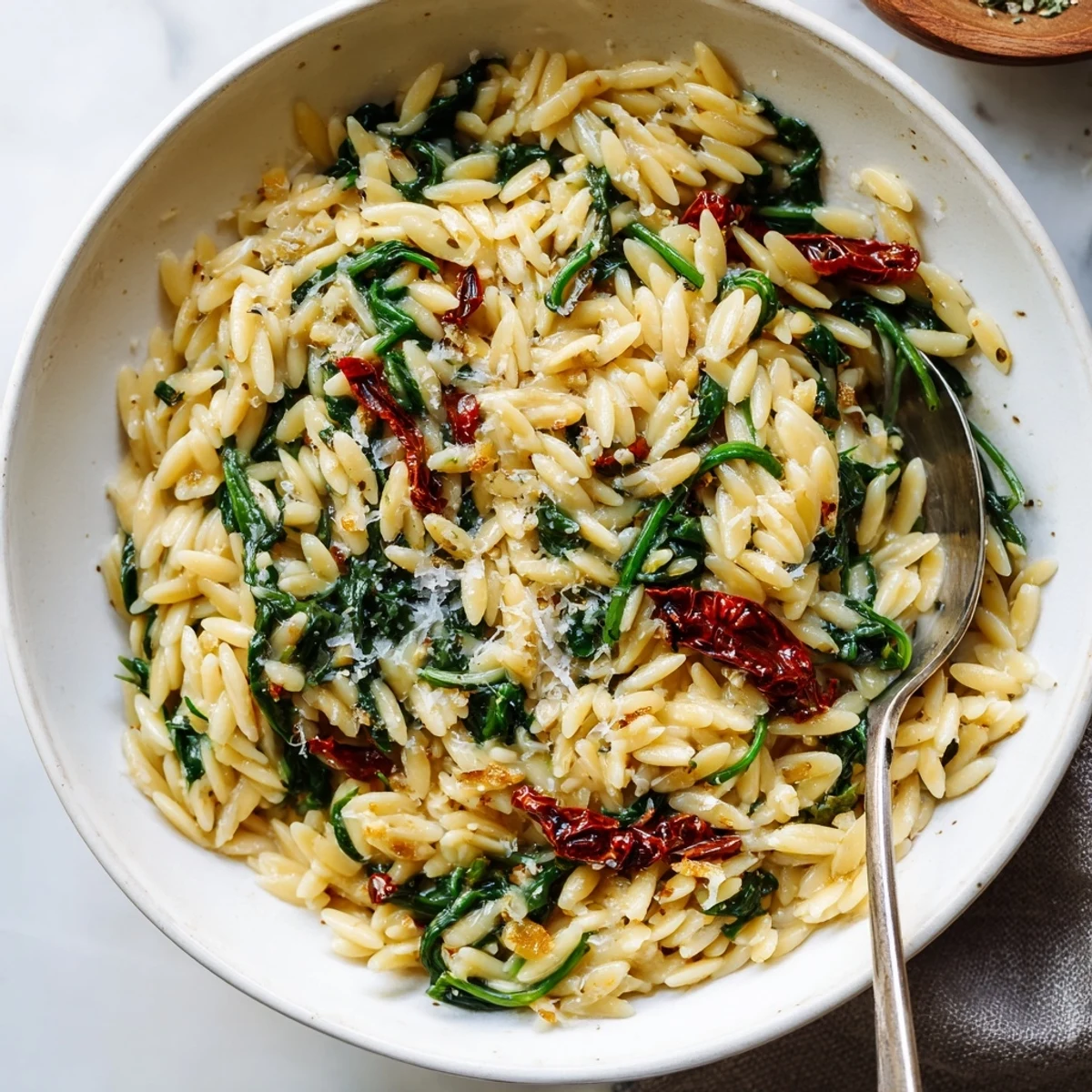A warm Creamy Tuscan Orzo Bowl, perfect for chilly evenings and hearty meals.  