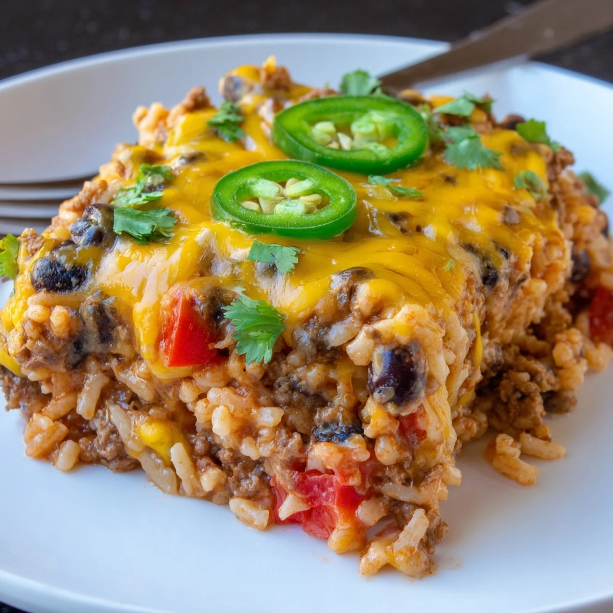 Hearty Tex-Mex Beef & Rice Casserole topped with melty cheese and fresh cilantro.  
