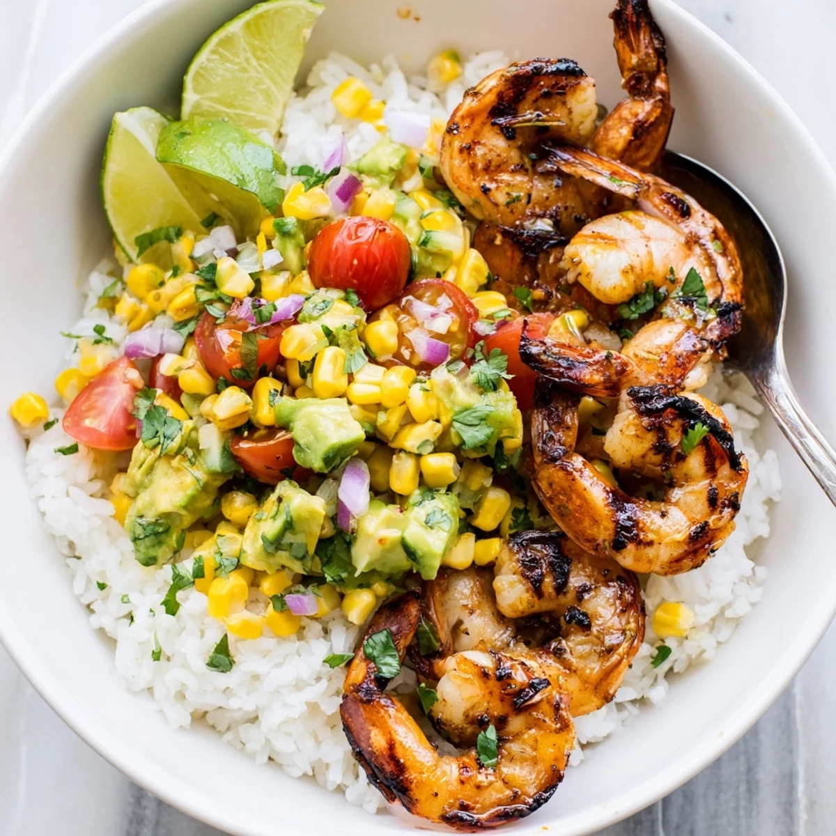 Colorful shrimp bowl featuring charred shrimp and zesty avocado corn salsa mix.