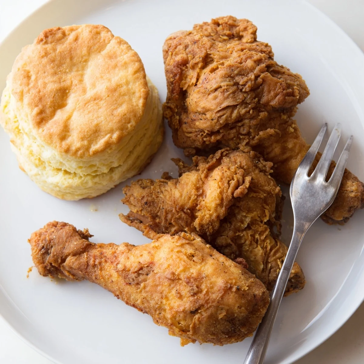 Golden, juicy fried chicken served alongside fluffy buttermilk biscuits for comfort.  