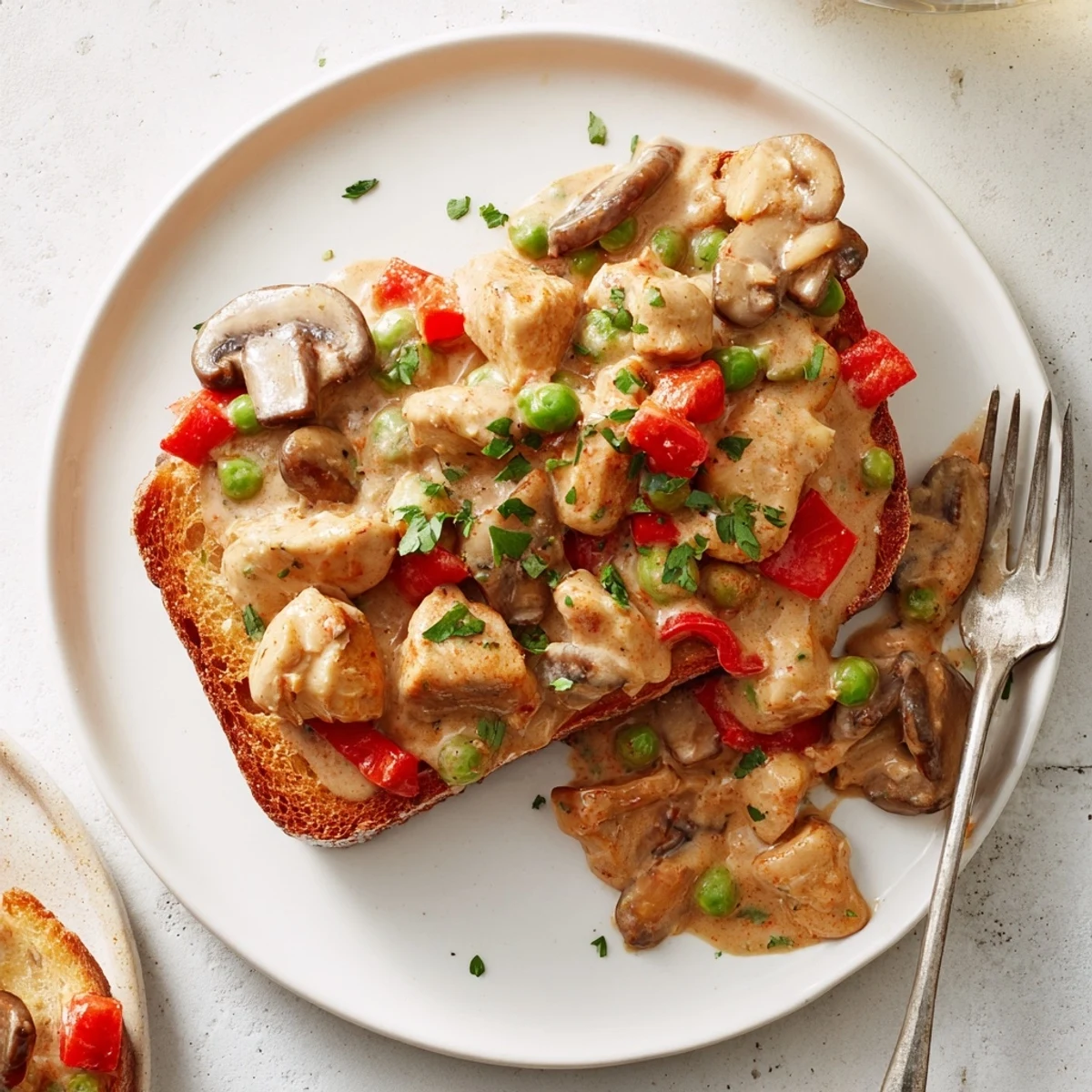 Creamy chicken à la king overflowing with mushrooms and peppers over warm toast.  