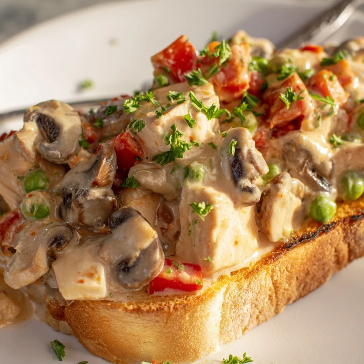 Delicious chicken à la king served on crispy buttered toast, perfect for dinner.  