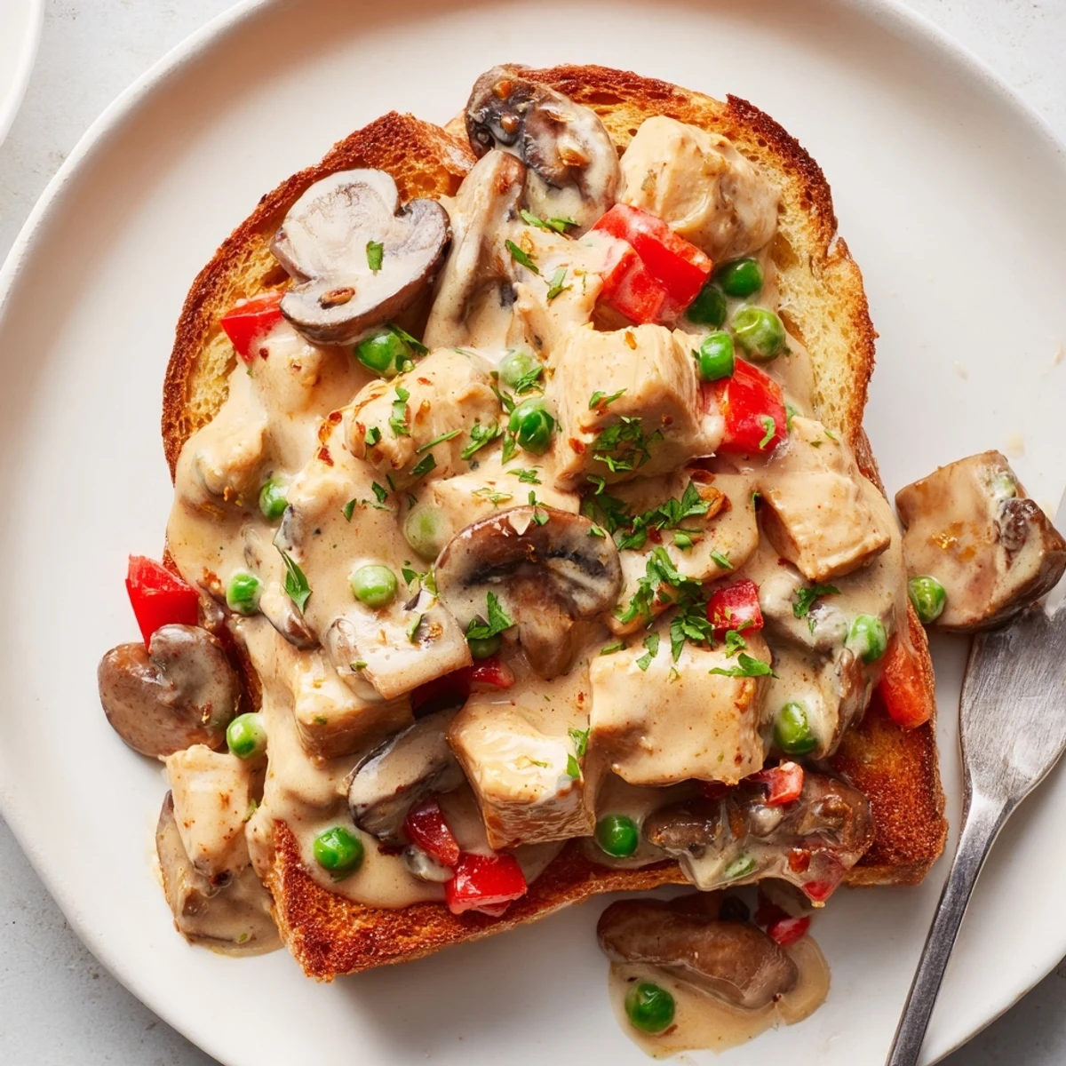 Hearty chicken à la king atop golden toast, bursting with flavor and texture.