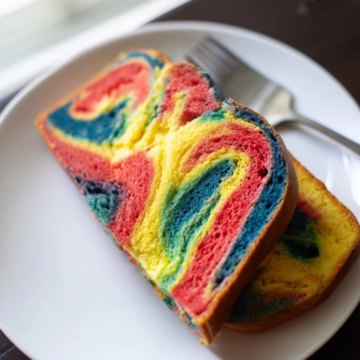 Fluffy cloud bread in vibrant rainbow colors, perfect for fun breakfasts.  