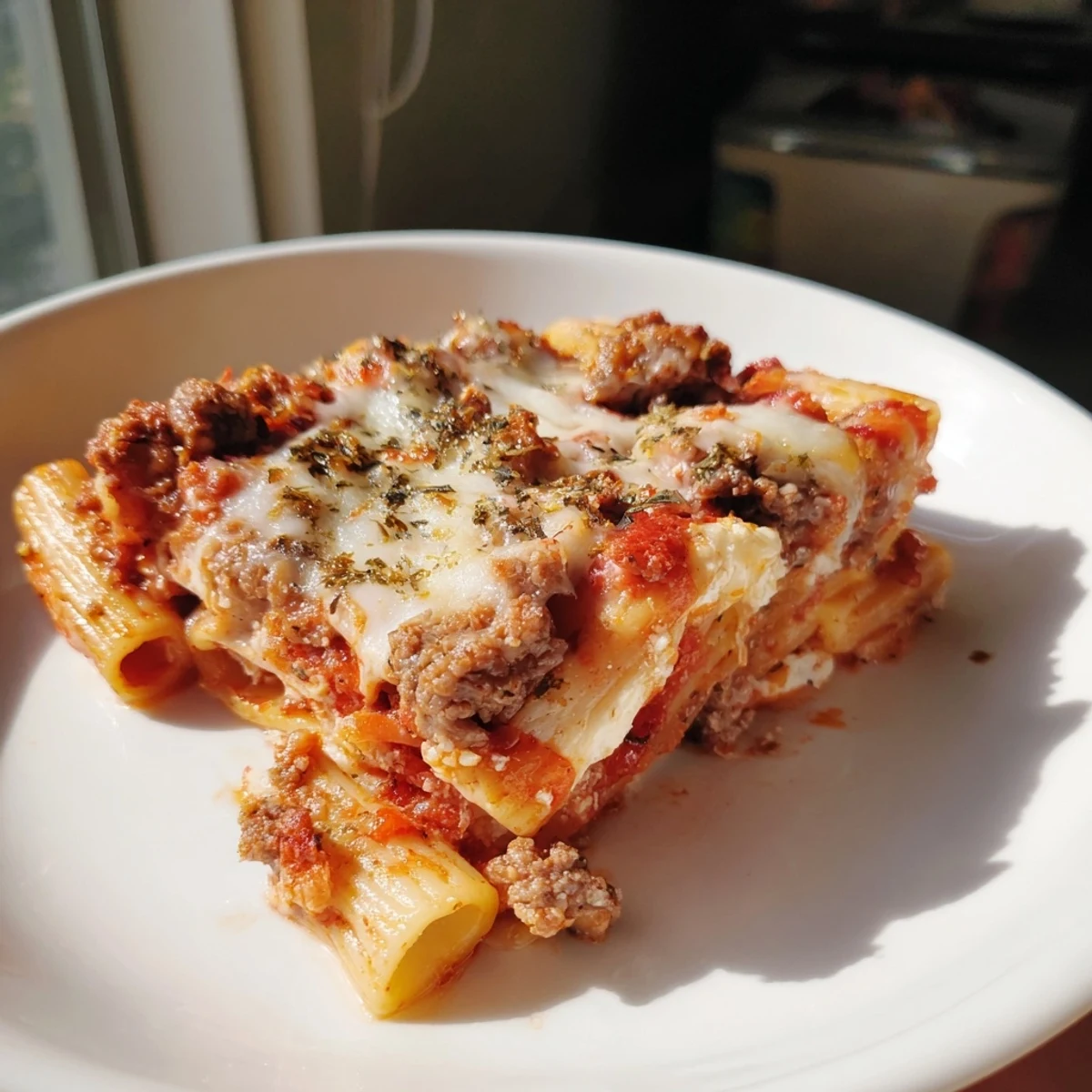 Steaming hot baked ziti with melted mozzarella and rich meat sauce bubbling over the edges.