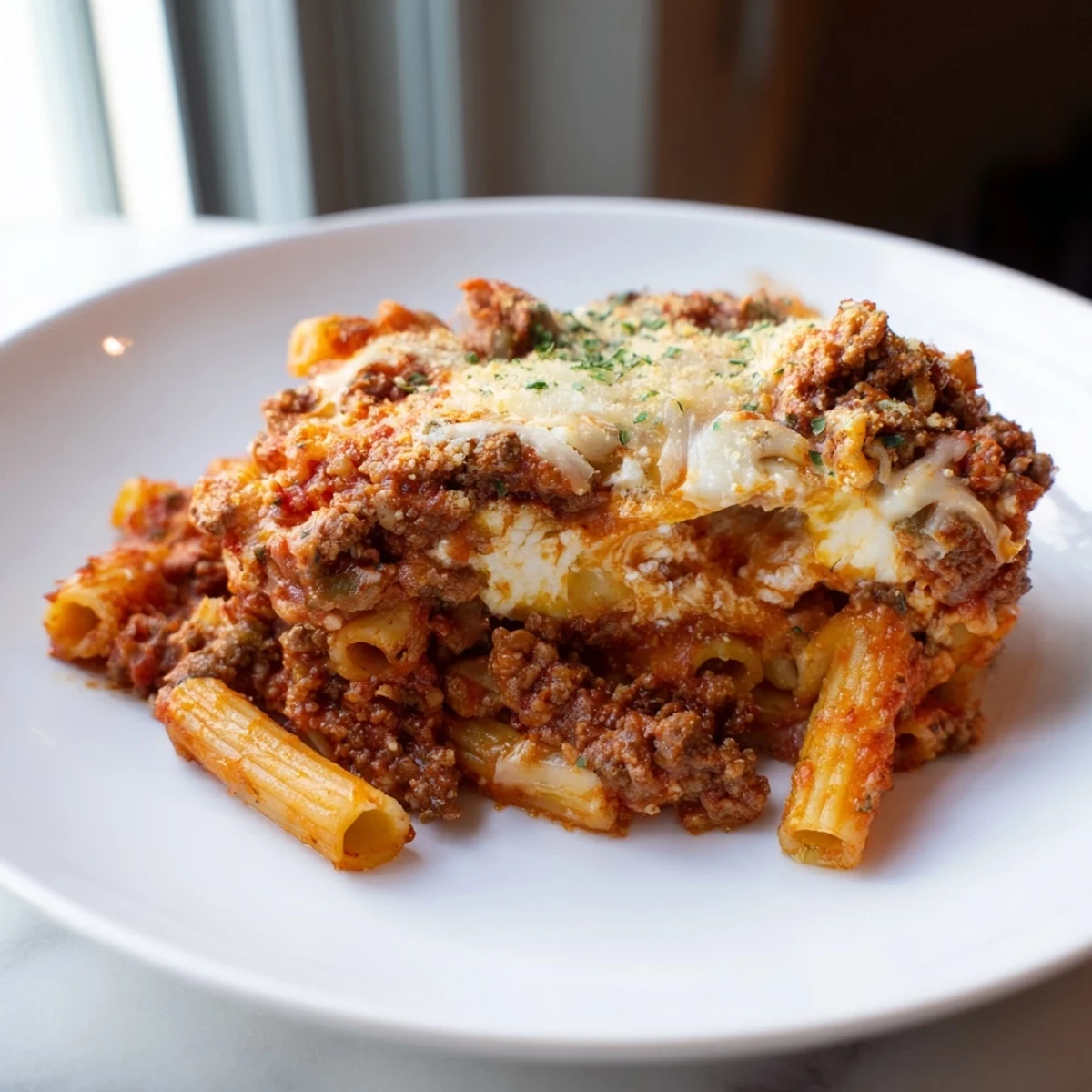 A close up of freshly baked ziti with a crispy, golden top and flavorful, savory filling.