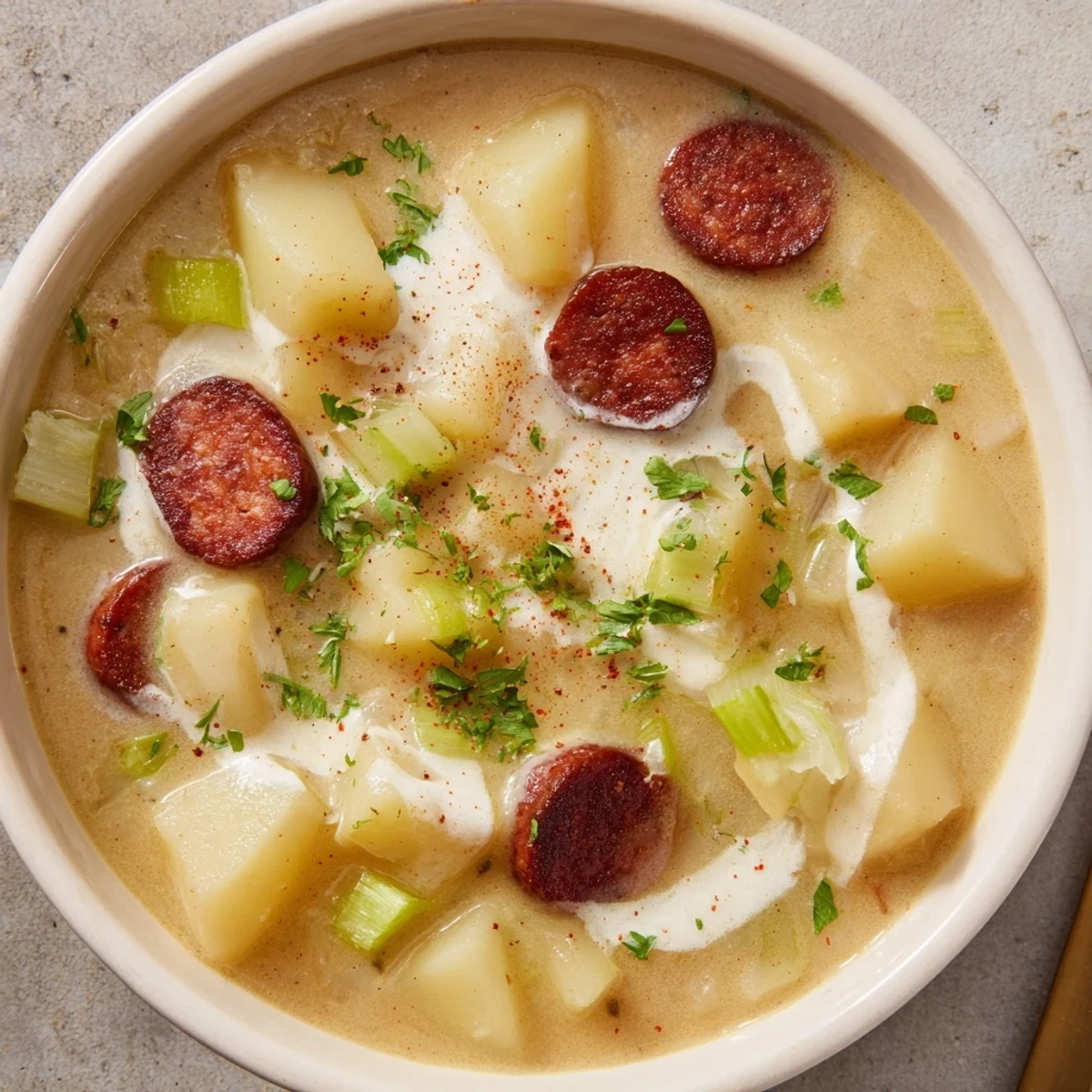 Potato, Leek & Chorizo Soup bowl in a rustic bowl, garnished with fresh parsley, ready to enjoy.