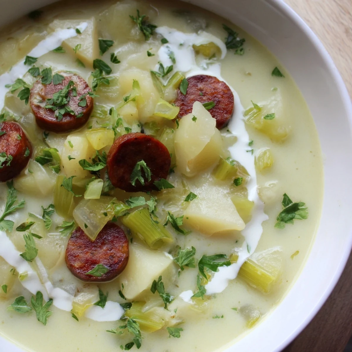 Close-up of a steaming Potato, Leek & Chorizo Soup, showcasing the ingredients and rich broth.