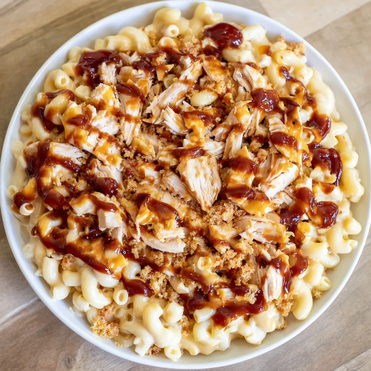 Image of bubbling Classic Mac & Cheese with BBQ Chicken, a delightful family-favorite dinner.