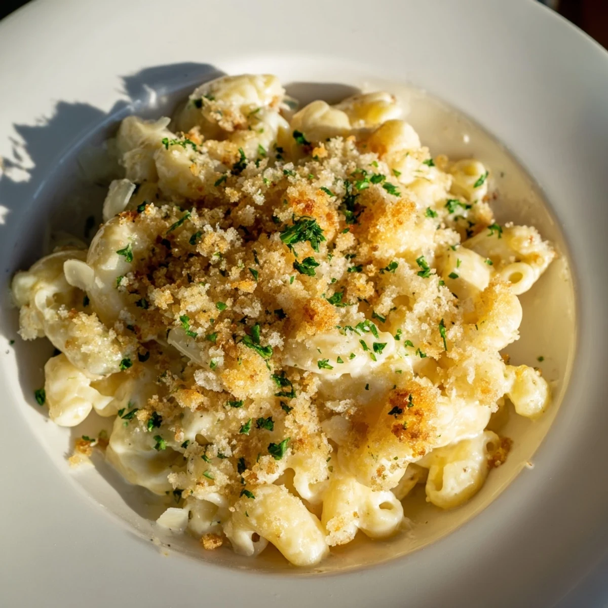 Golden-brown Truffle Macaroni & Cheese, bubbly and sprinkled with parmesan, ready to serve and enjoy.