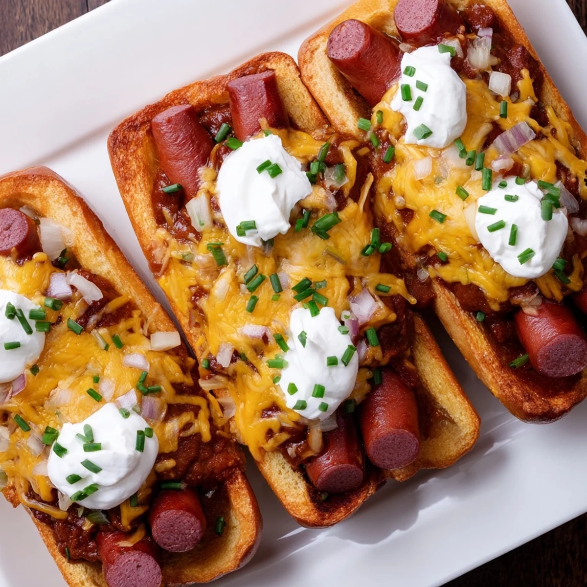 Warm, cheesy chili dog casserole bubbling in a baking dish, ready to serve for dinner.