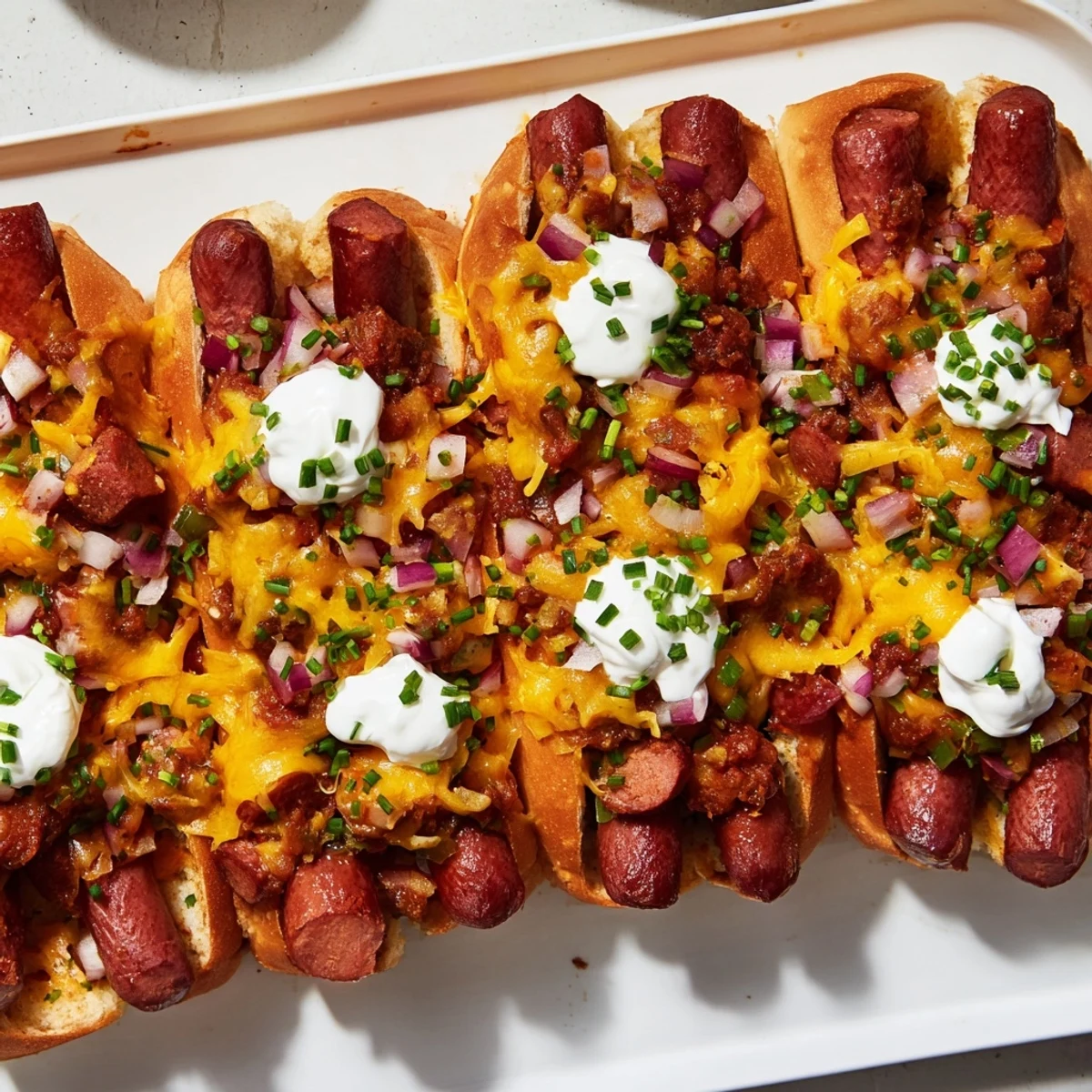 Golden-topped chili dog casserole, a comforting American classic bubbling with melted cheese.