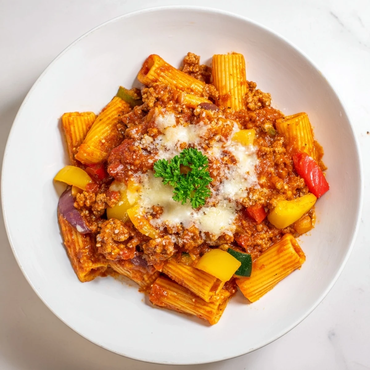 Golden brown cheese tops the Baked Rigatoni with Sausage & Peppers, a flavorful Italian-American casserole.