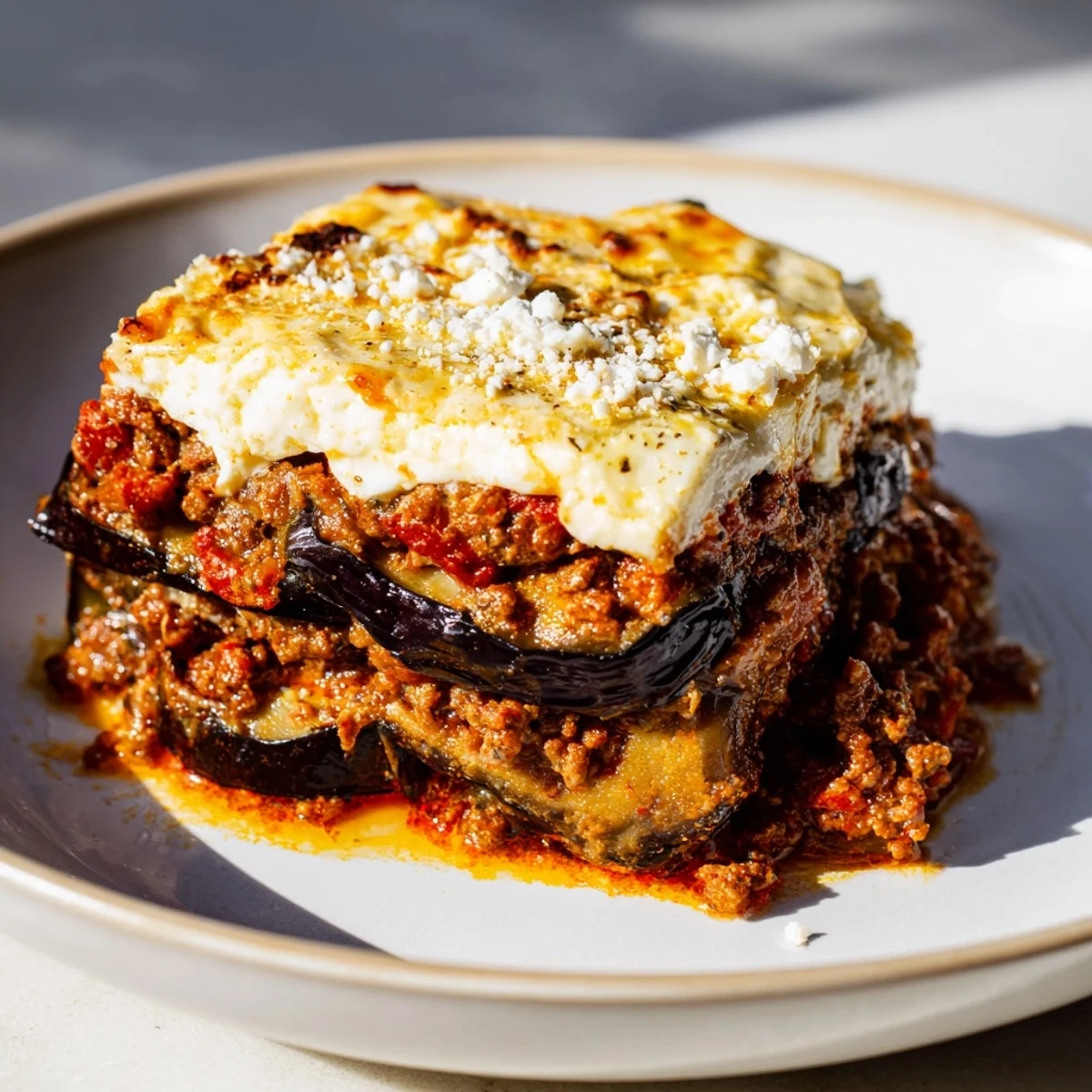 Sizzling steam rises from a generous slice of moussaka, a hearty Greek casserole served.
