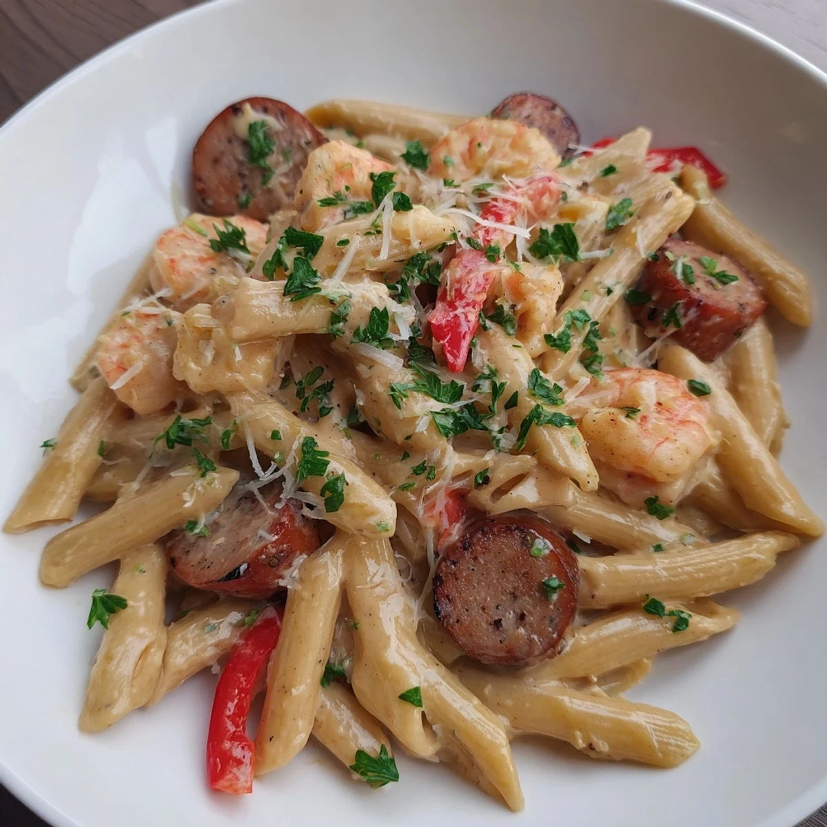 A flavorful Cajun Sausage & Shrimp Alfredo Pasta Skillet, a one-pan wonder, ready to serve with fresh parsley.