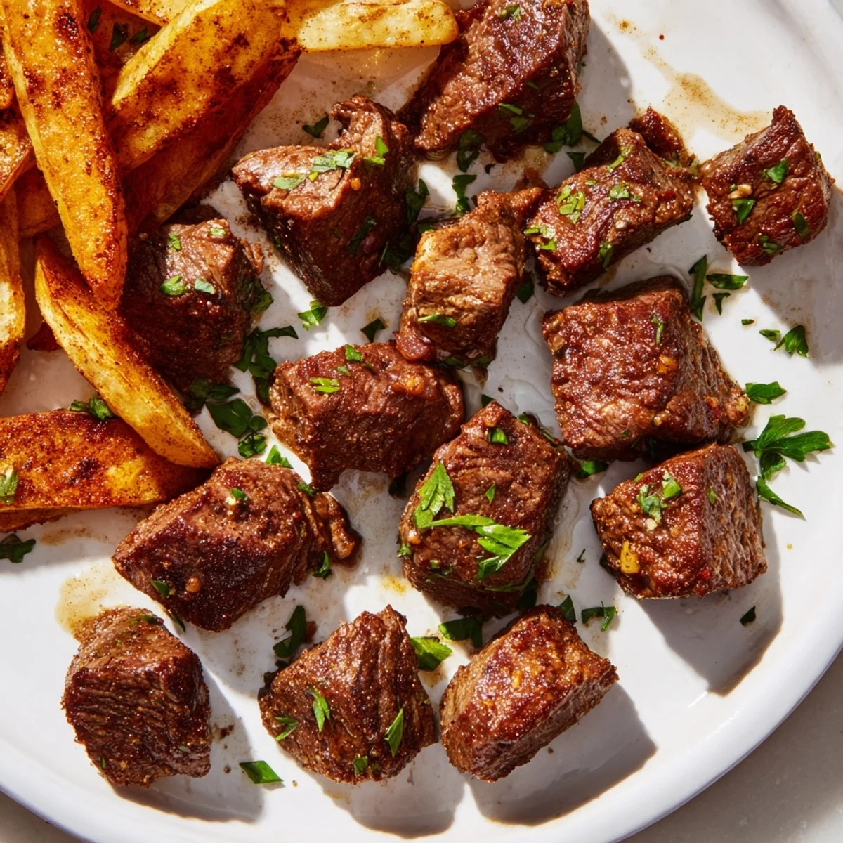 Blackened Cajun steak bites with perfectly cooked fries: a flavorful, spicy meal ready to serve.