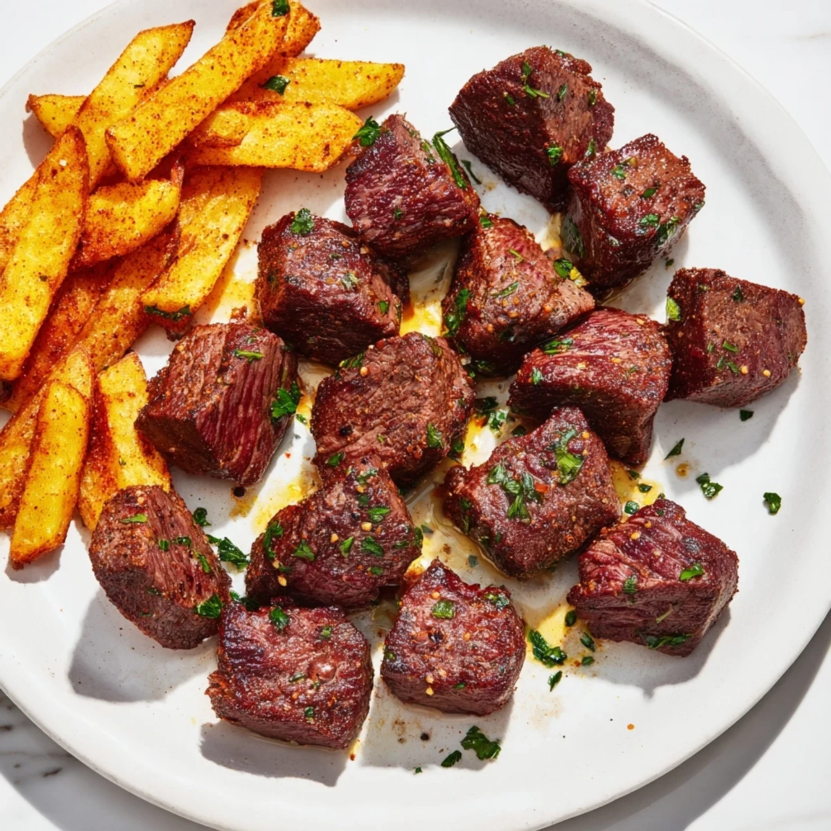 Sizzling Blackened Cajun steak bites beside a pile of golden, crunchy fries, ready to eat now!