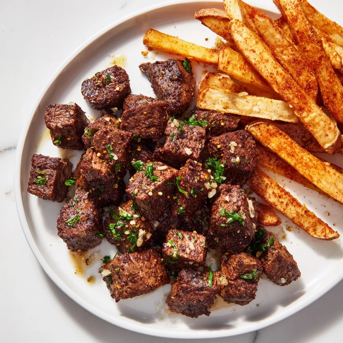 Close-up of Blackened Cajun steak bites, seasoned and seared, with crispy fries alongside.