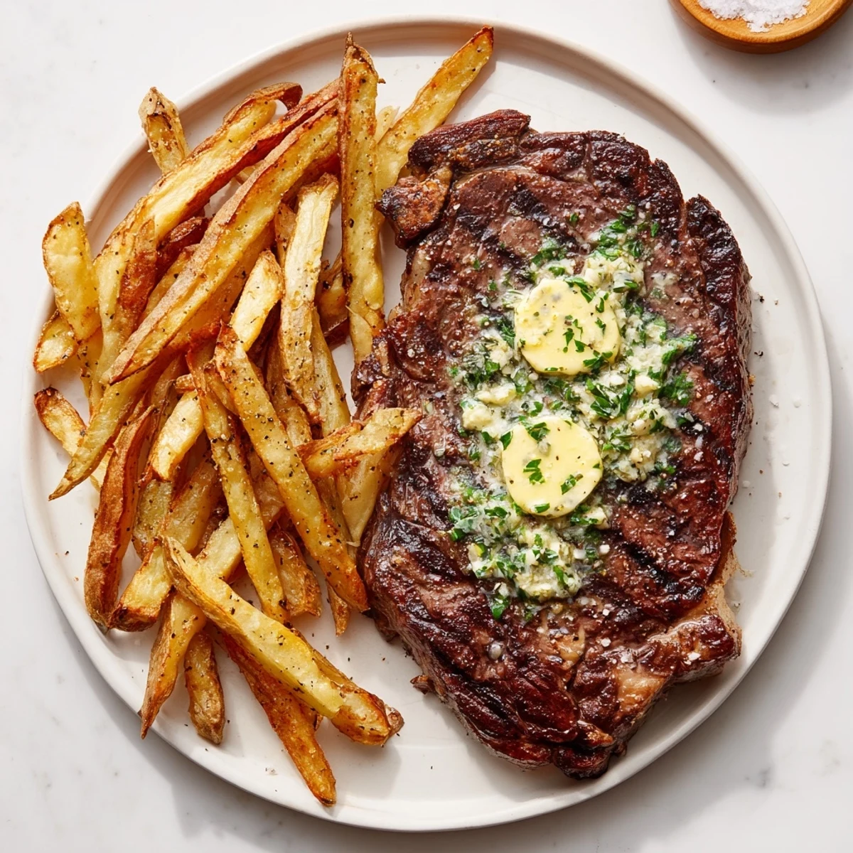 Juicy Steakhouse garlic butter steak sizzling alongside crispy golden fries, a savory classic.