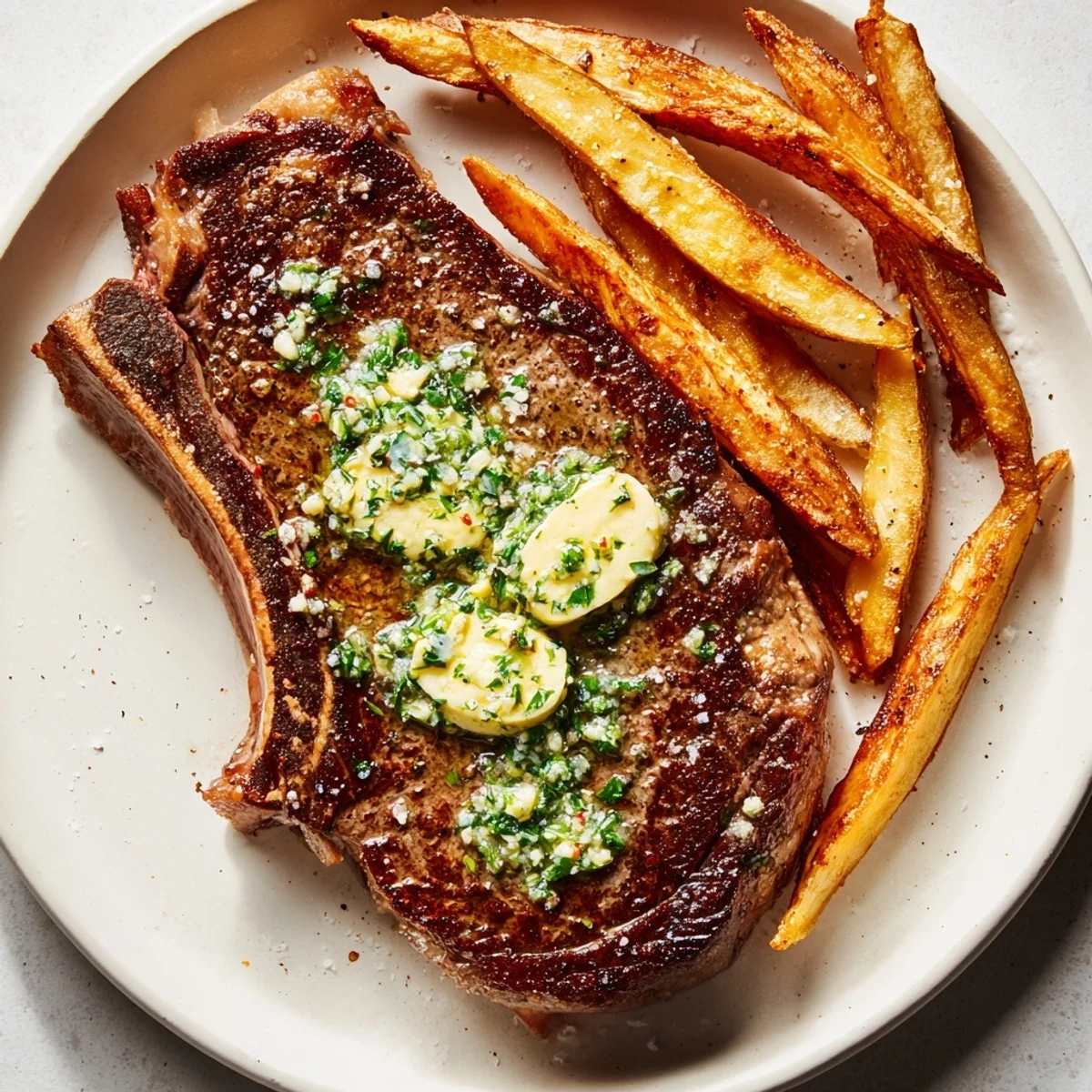 Melted garlic butter coats a perfectly cooked Steakhouse garlic butter steak, served with fluffy fries.