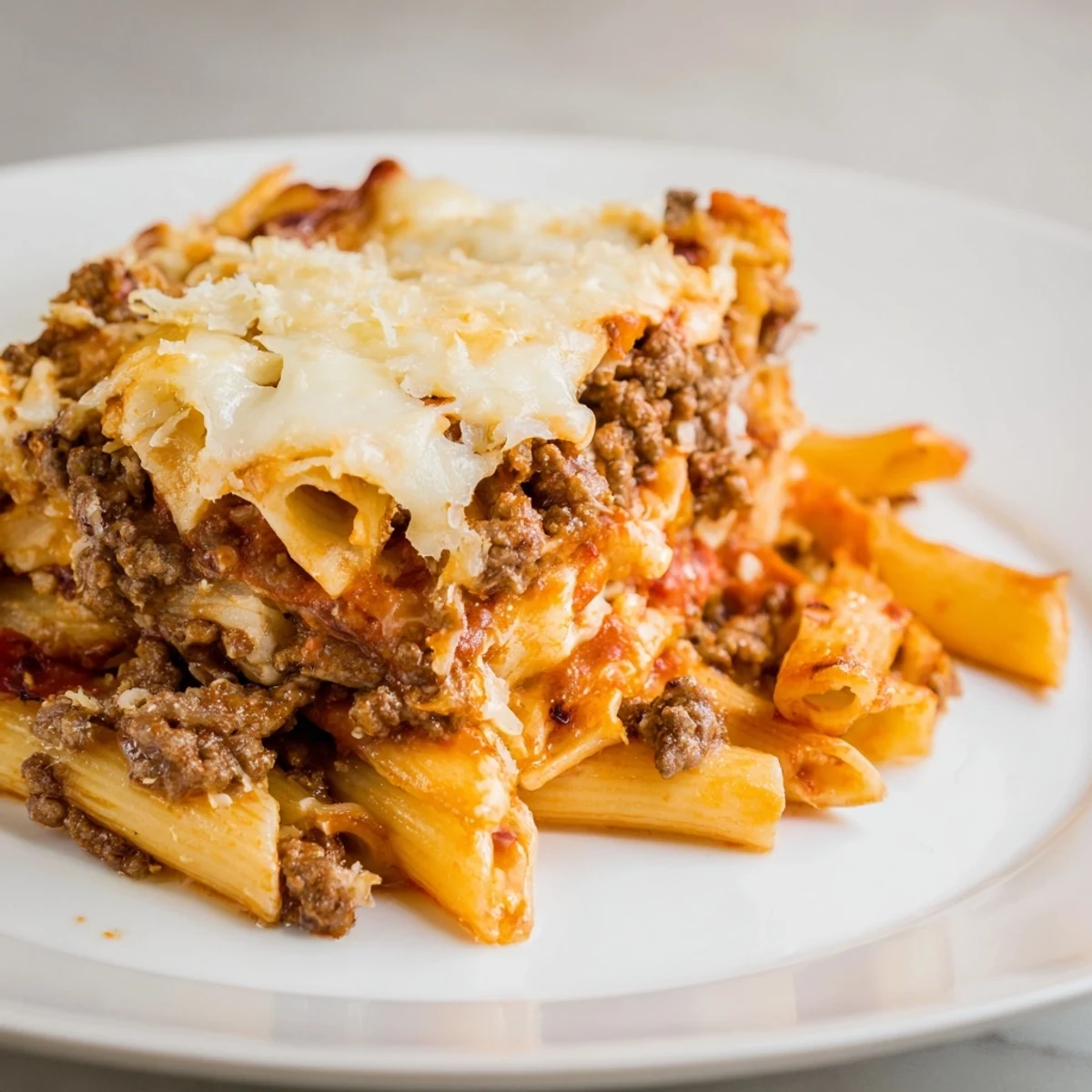 Golden bubbly Cheesy Beef & Penne Bake with melted cheese and rich tomato sauce; a comforting dinner.