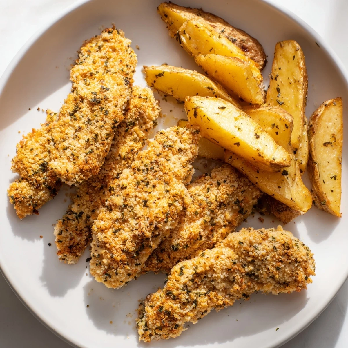 Golden-brown herbed chicken tenders and potato wedges offer a satisfying, crispy texture, perfect for dinner.