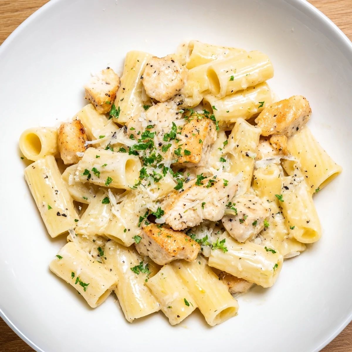 Golden, creamy garlic parmesan chicken rigatoni served in a white bowl, ready to enjoy.