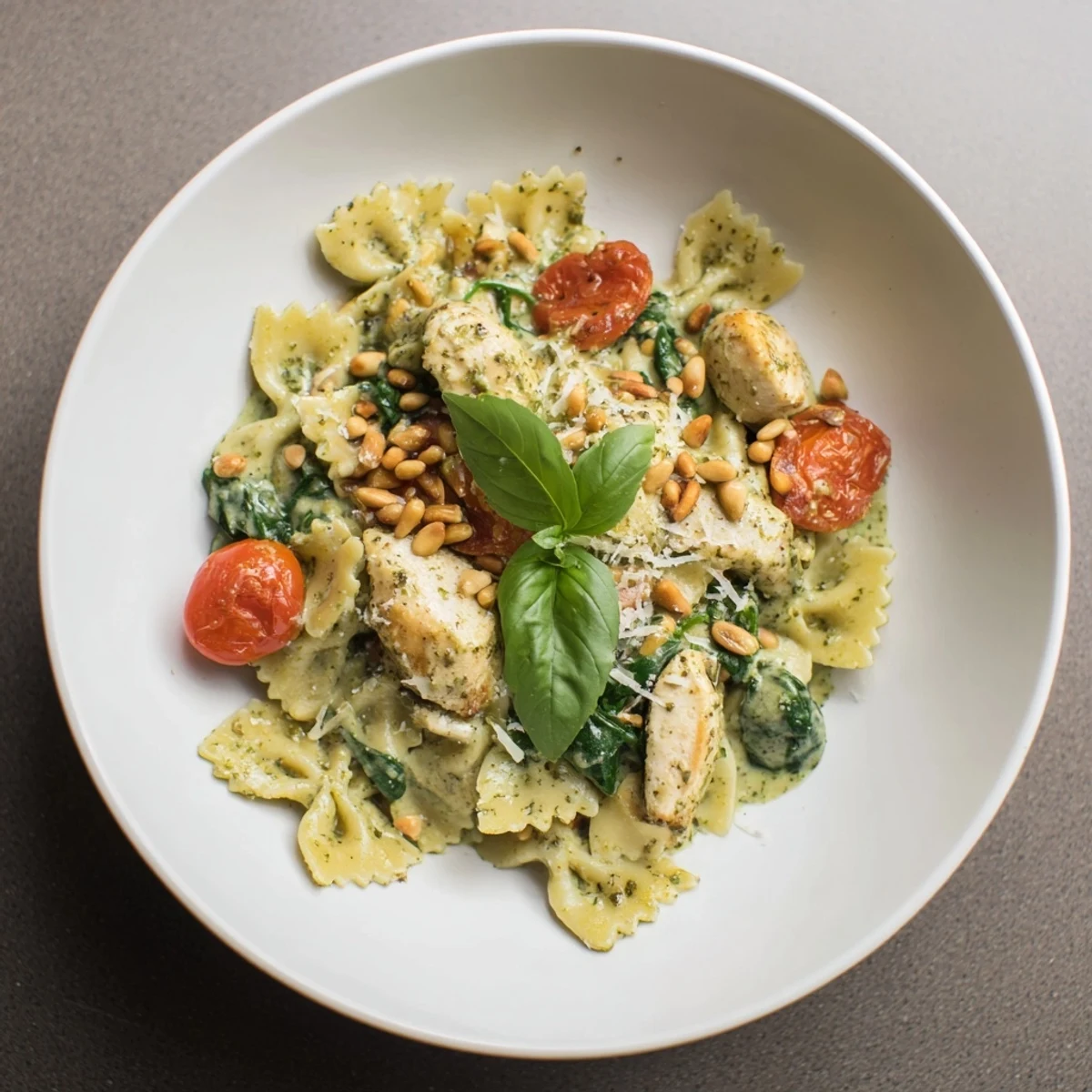 A close-up of pesto chicken bowtie pasta, showing juicy chicken and colorful vegetables.