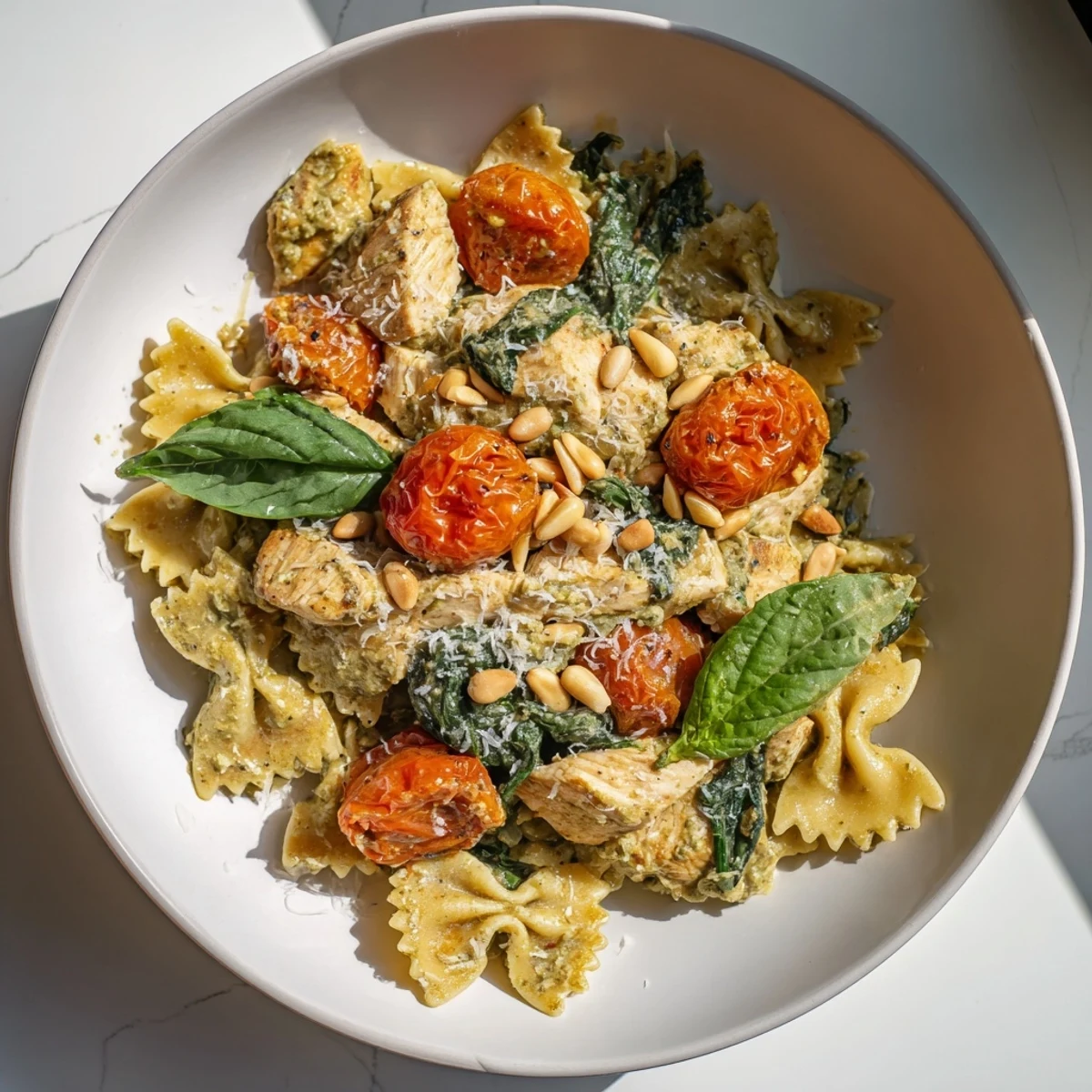 This delicious pesto chicken bowtie pasta has fresh basil and Parmesan cheese throughout.