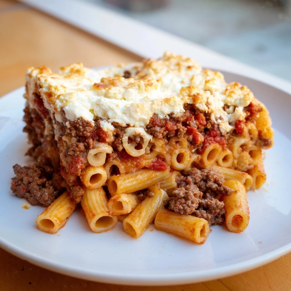 Golden-brown, bubbly Greek Pastitsio, an inviting casserole with a creamy béchamel topping.