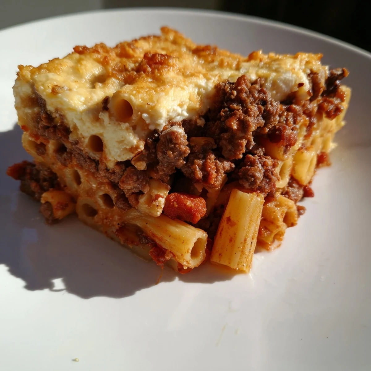 Enjoy the hearty Greek Pastitsio with its savory beef, pasta, and rich béchamel sauce.