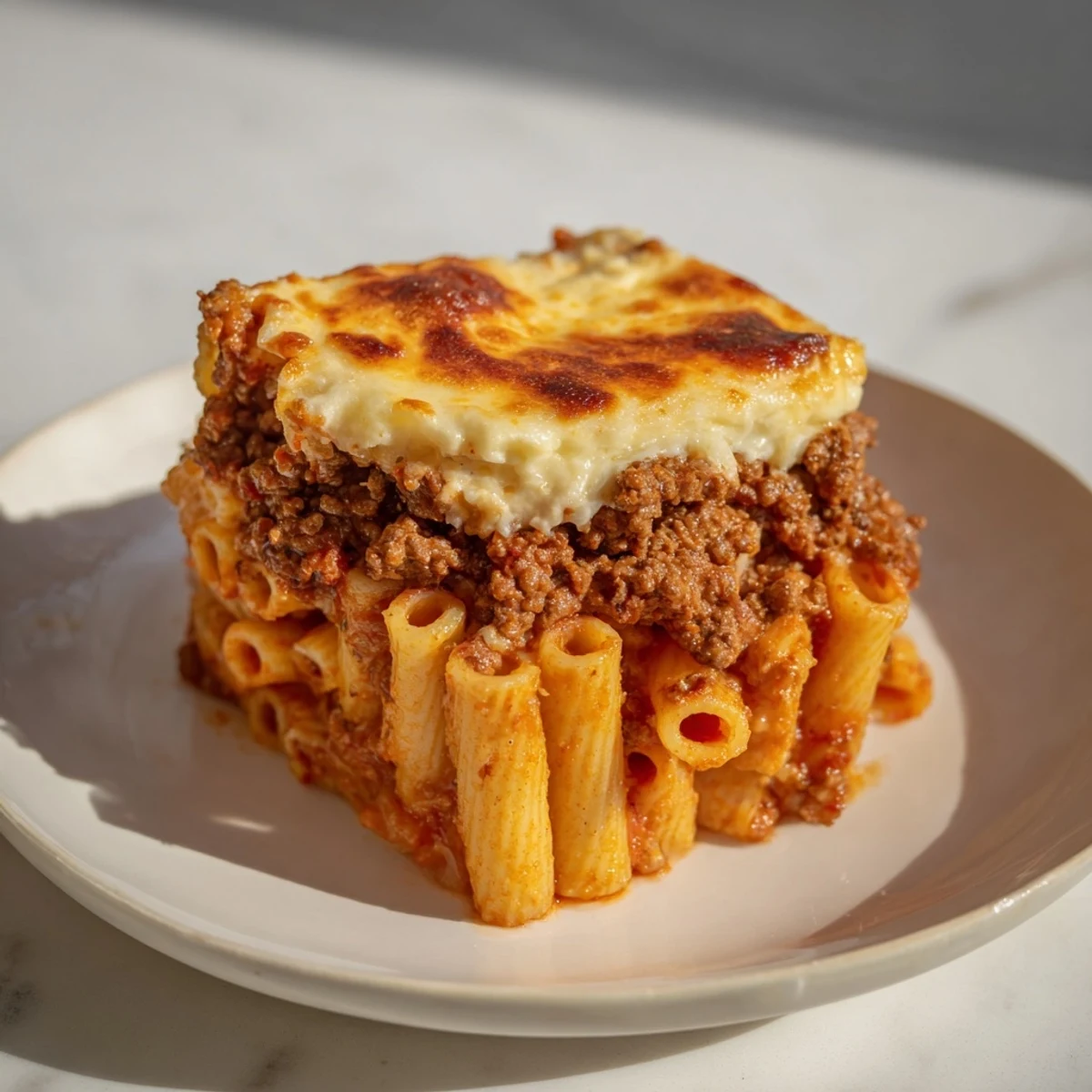 A close-up of a generously sliced Greek Pastitsio, showcasing the layers of pasta and meat.
