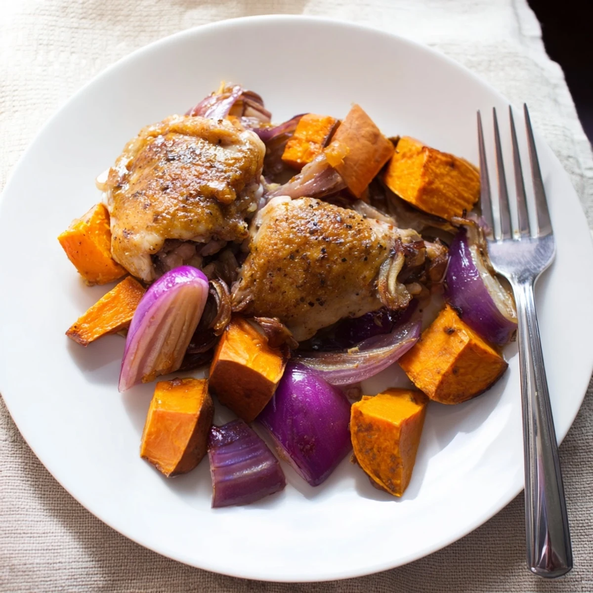 Golden-brown Maple Glazed Chicken & Sweet Potato Bake with roasted vegetables and glistening glaze.