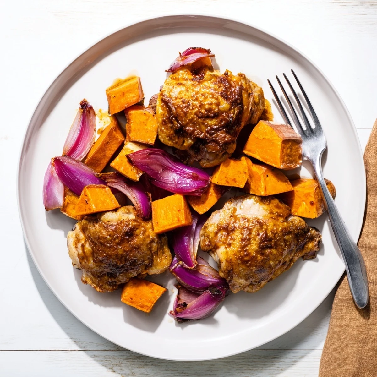 Savory-sweet Maple Glazed Chicken & Sweet Potato Bake, featuring tender chicken and tender sweet potatoes.