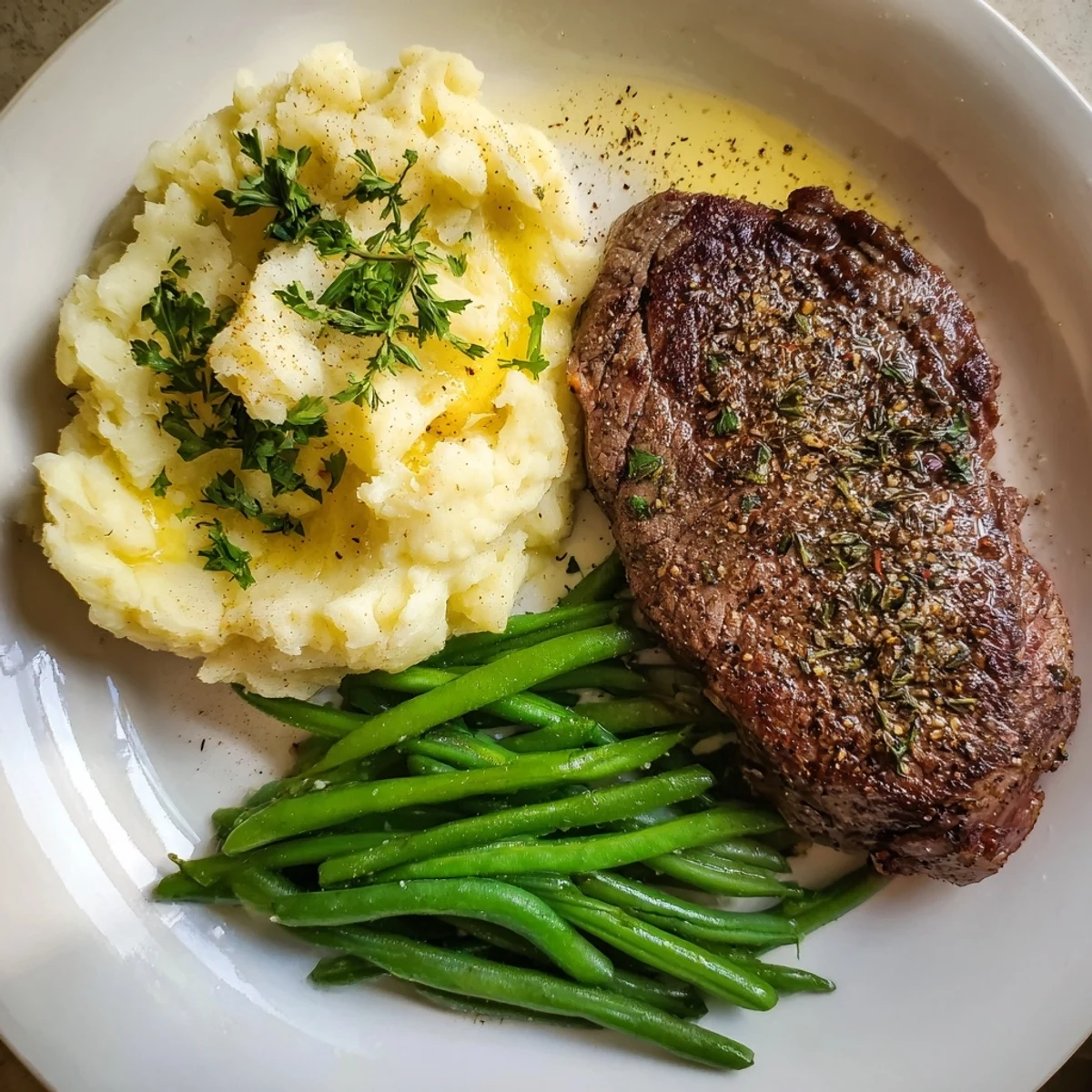 Golden-brown seared steak beside a bed of creamy garlic mash, a perfect sheet pan dinner.