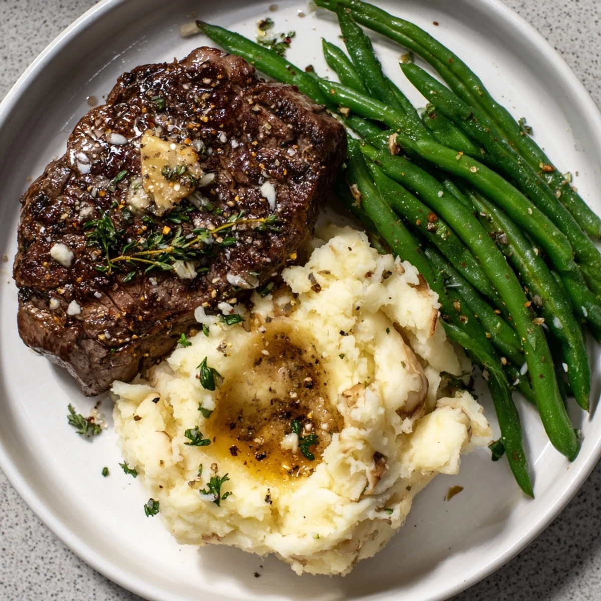 Close-up of a flavorful Steak & Garlic Mash sheet pan meal ready to enjoy at dinner.