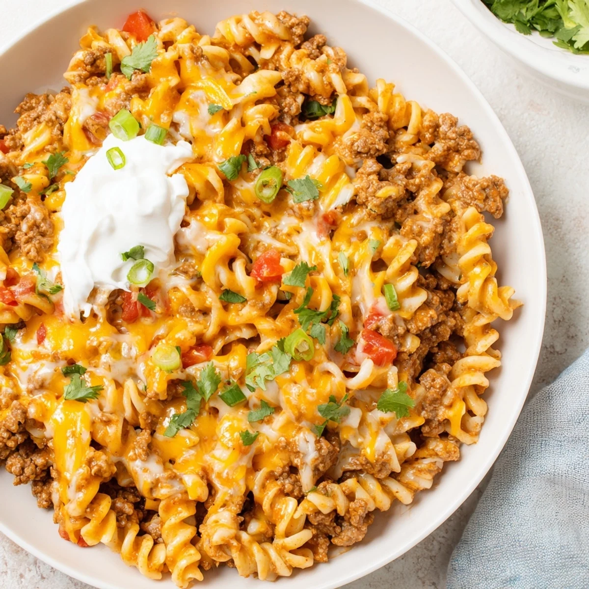 Golden, cheesy taco pasta skillet, a bubbling one-pan wonder ready for your dinner table.