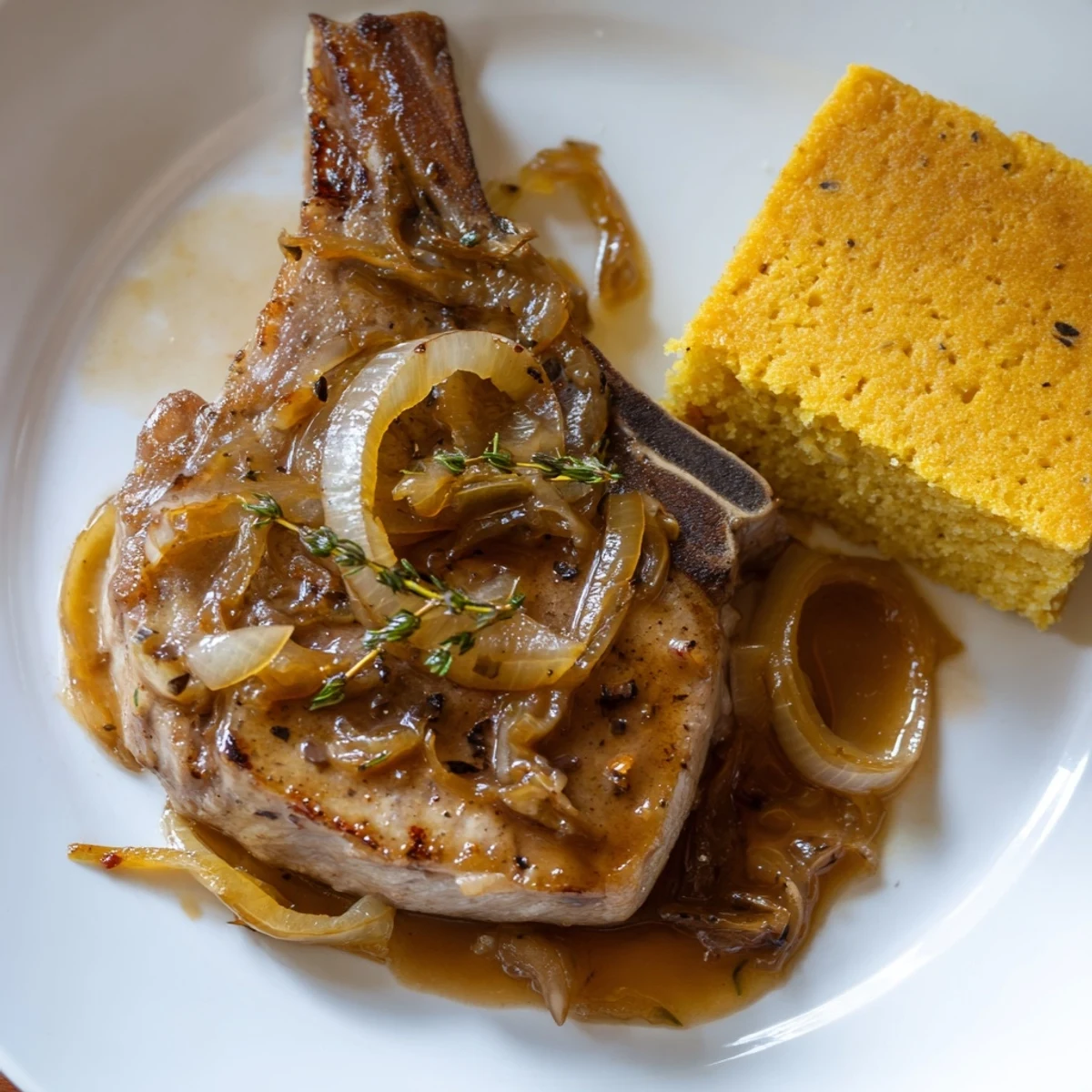 Golden, crispy smothered pork chops swimming in rich gravy with a side of warm cornbread.