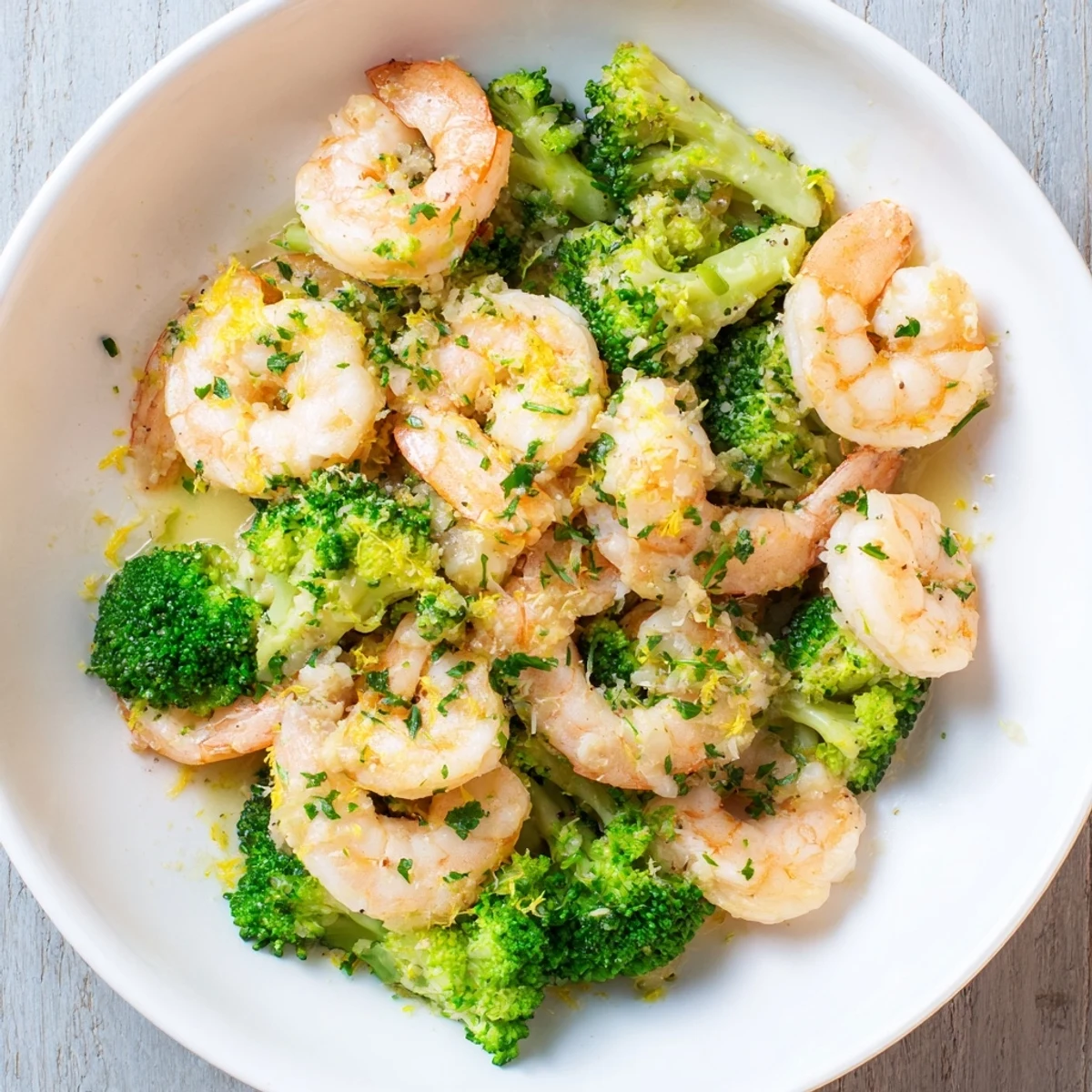 Golden-brown Lemon Butter Shrimp & Broccoli, a one-pan meal, served with fresh parsley garnish.