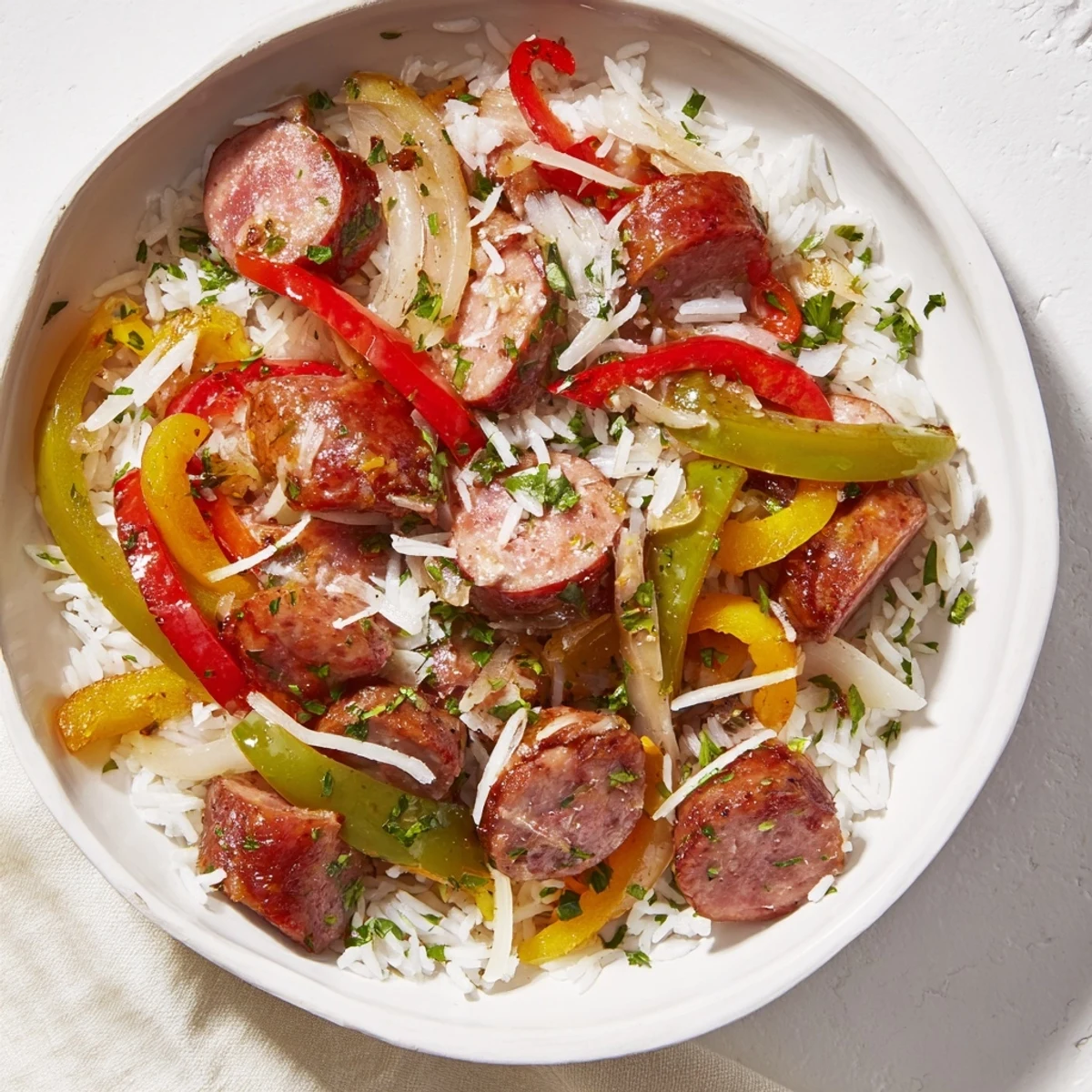 Close-up of a vibrant Italian Sausage & Peppers Rice Plate, the aroma of Italian spices filling the air.