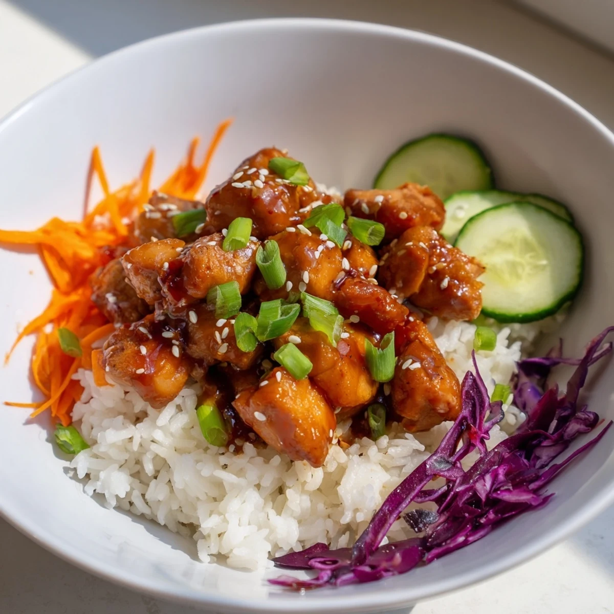 Sizzling Sriracha Honey Chicken Rice Bowl with a glistening sauce and colorful veggie toppings.