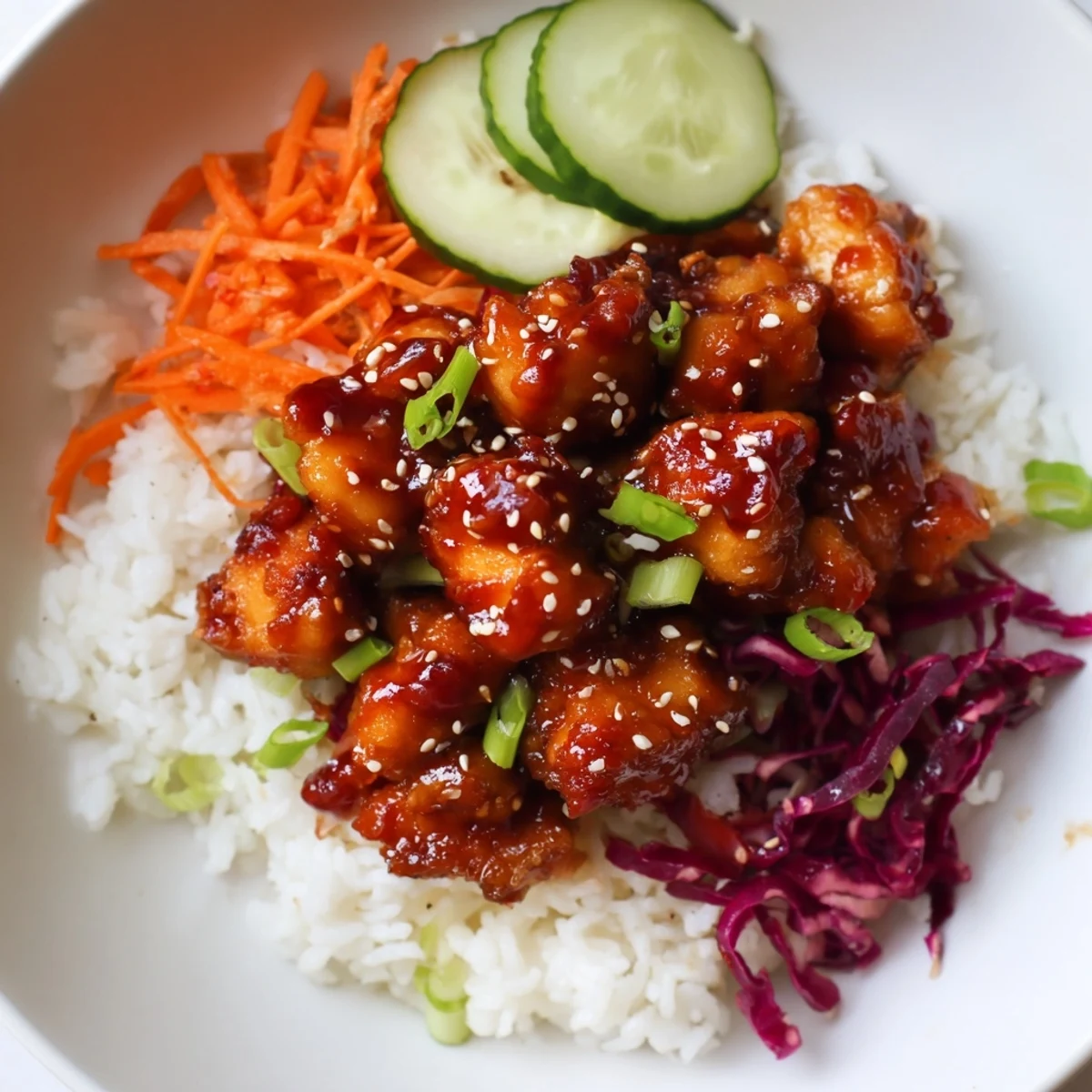 This image showcases a delicious Sriracha Honey Chicken Rice Bowl, brimming with tender, glazed chicken.